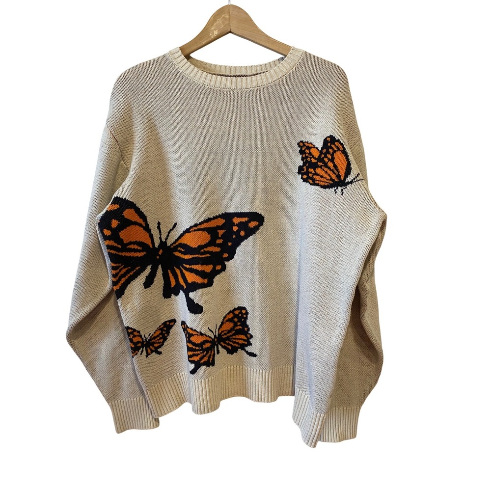 PacSun Sweater Size M Cream Orange Monarch Butterfly Entomologist Lepidopterist